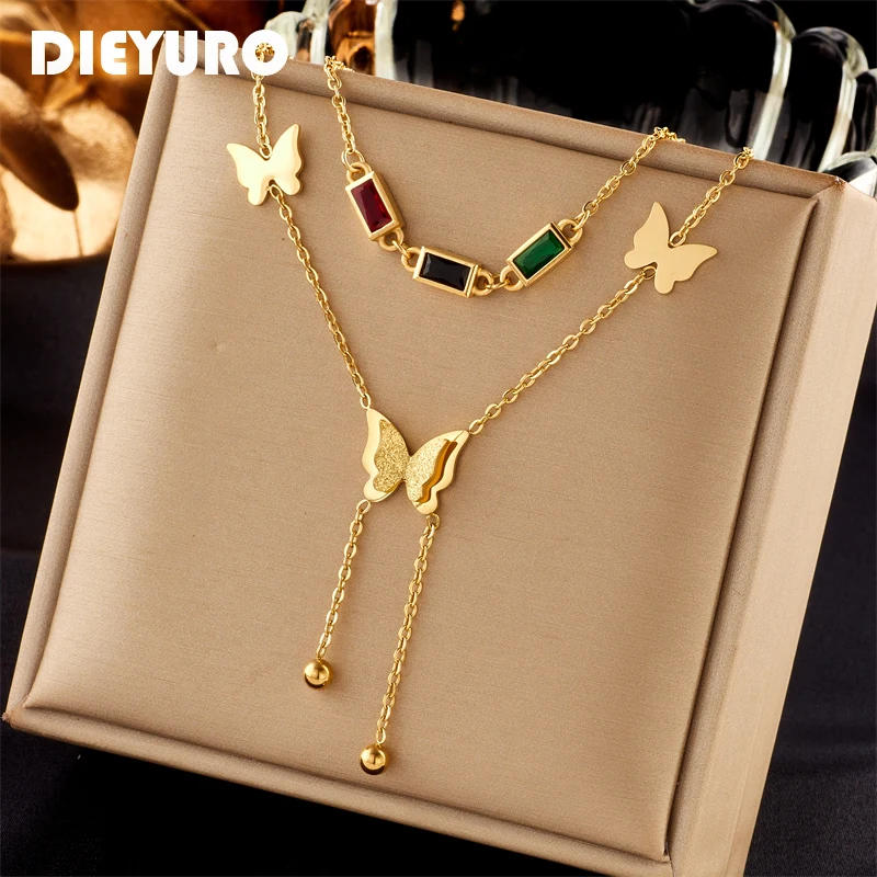 DIEYURO 316L Stainless Steel Colorful Zircon Butterfly Long Pendant Necklace For Women Fashion Girls Clavicle Chain Jewelry Gift