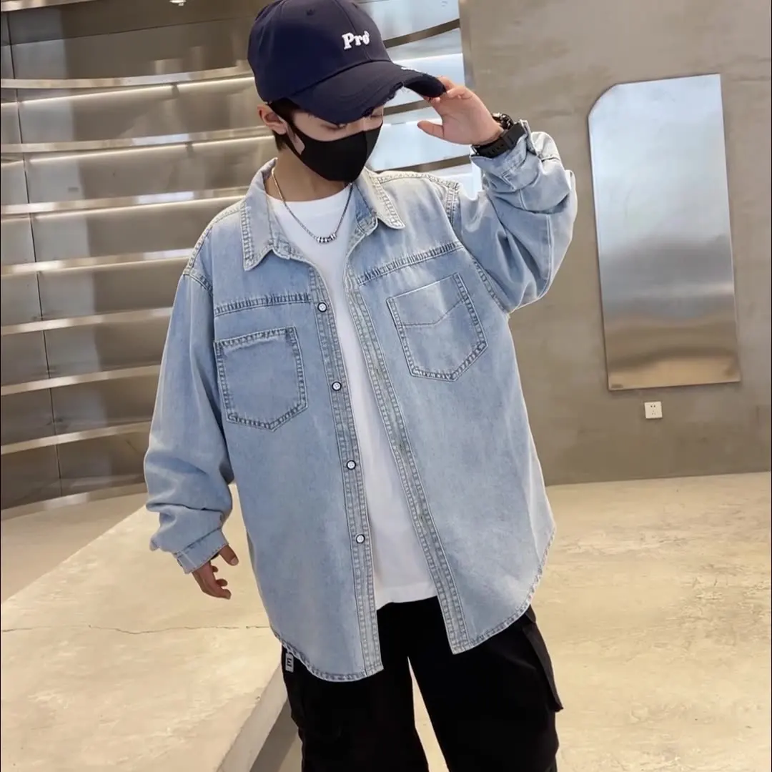 

Korean Brief Style Teens Boys Long Sleeve Denim Shirt for Children Loose Casual Outfit Kids School Wear Autumn Clothing 4-14 Y