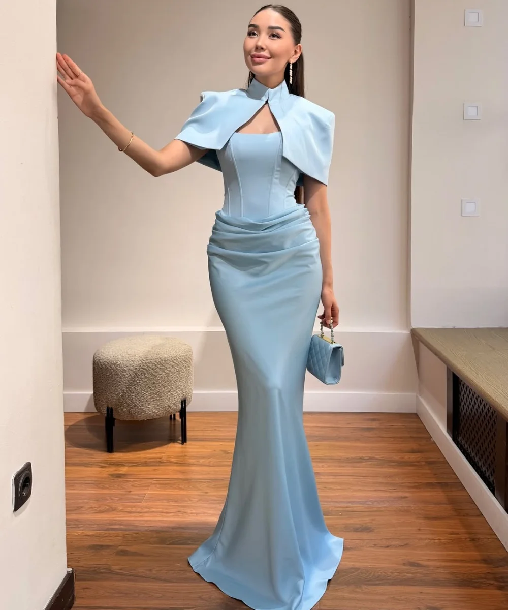 Customized Pastrol Jersey Pleat Trumpet High Collar Long Bespoke Occasion Party Dresses Simple Chinese Style