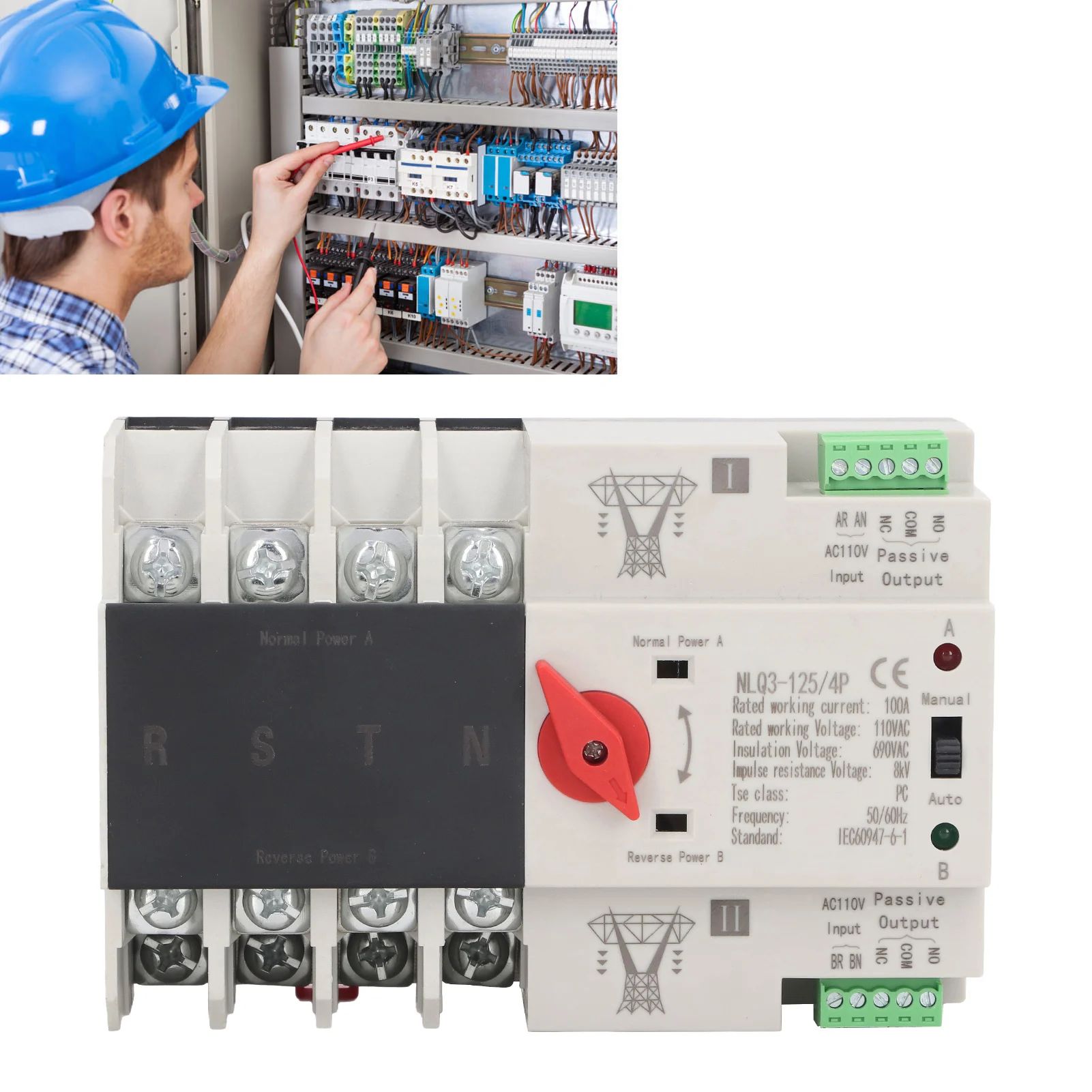 Dual Power Automatic Transfer Switch 4P Millisecond Fast Switching Controller AC110V 100A Mains Type Power Transfer Switch