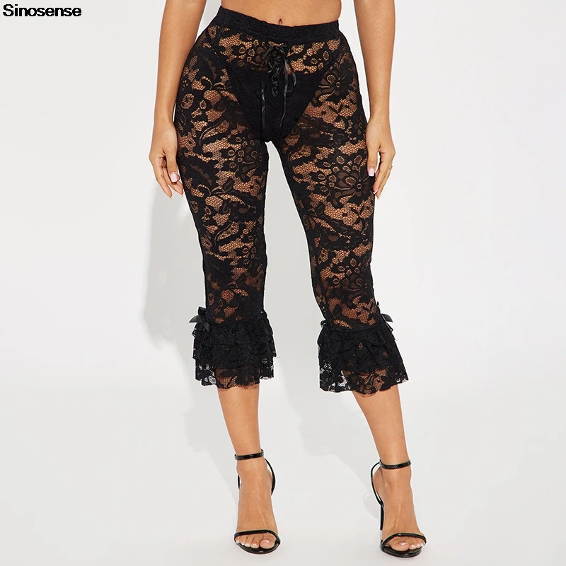 Kobiety Seksowne Kwiatowe Koronkowe Przezroczyste Siatkowe Spodnie Ruffle Rozciągliwe Rajstopy Długość do kolan Capri Pant Y2K Night Out Club Party Pants