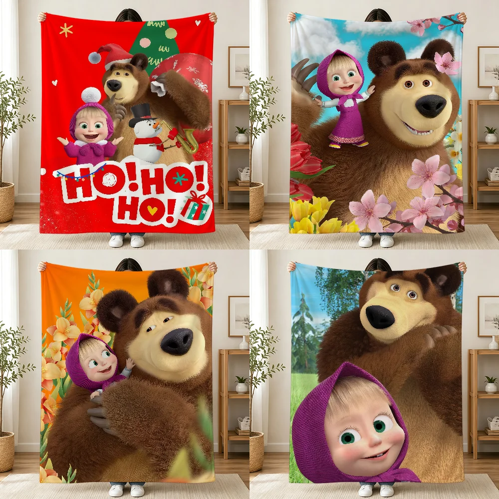 B-BearS-ES Cartoon M-MashaS-ES Cute Blanket Printed Flannel Soft Warm Cozy Season Nap Bed Sofa Travel Camping Gift Adults Kids