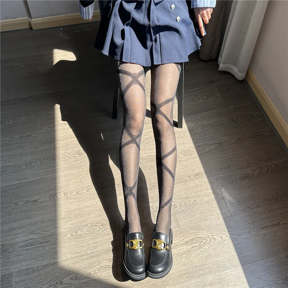 Fashion Individual Cross-Lace Striped Pattern Women's Pantyhose Shiny Reflective Silver Silk Lolita Hottie Rhombus Hosiery