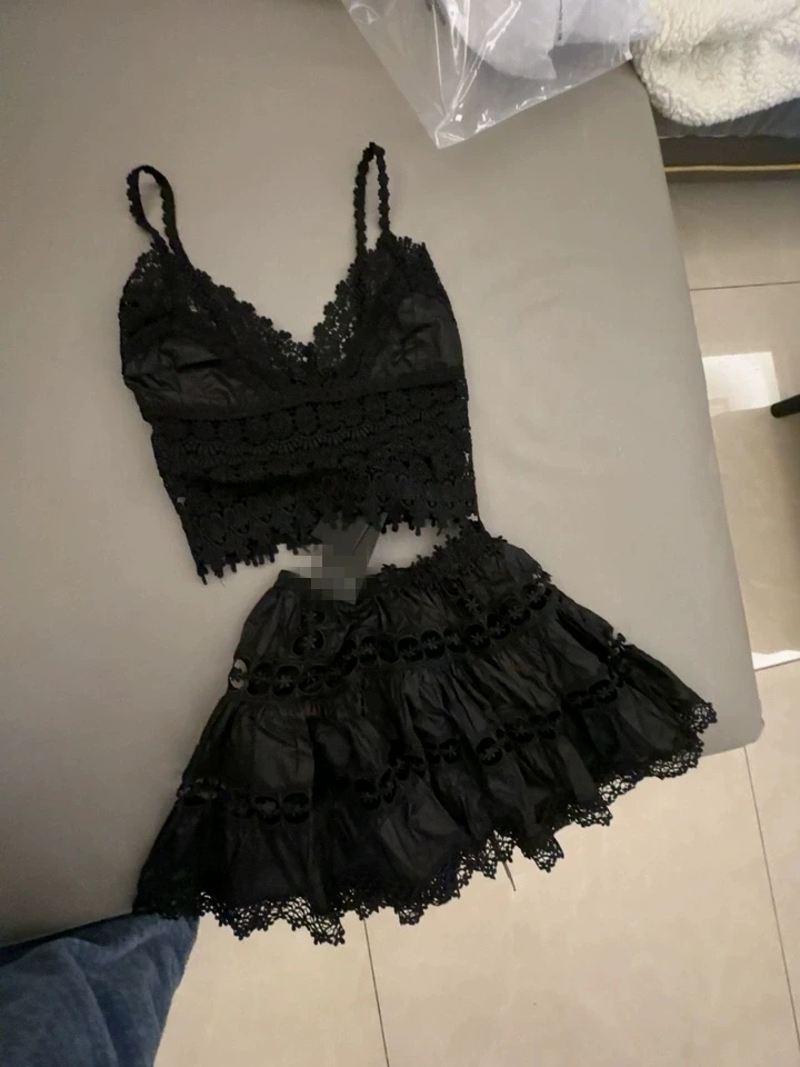 Floral Lace Hollow out Tank Top And Skirt Set Women's Summer Fashion Ensemble Tender And Cute Style Two-Piece Suit
