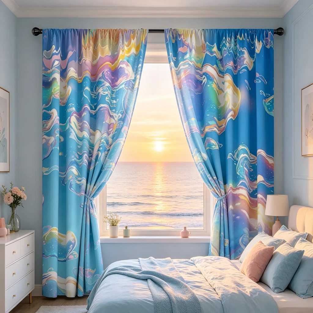 2PCS Fresh Blue Sky Bubble Pattern Printed Curtain with Rod Bag Design, Suitable for Bedroom and Living Room