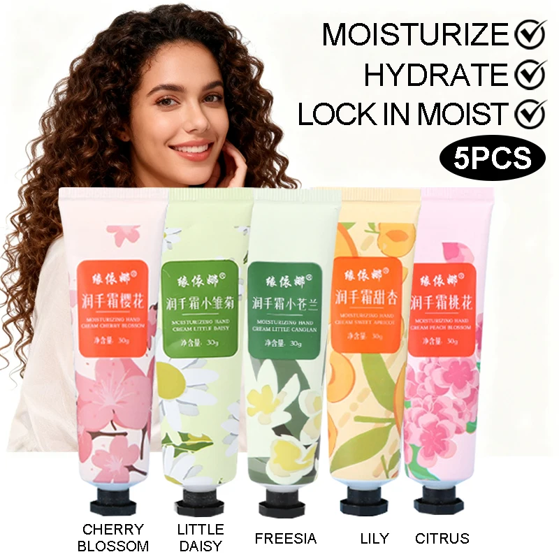 5 Stück Handcreme, 5 verschiedene Geschmacksoptionen, 24 Stunden feuchtigkeitsspendend, feuchtigkeitsspendend und pflegend Hände, feuchtigkeitsspendend und feuchtigkeitsspendend