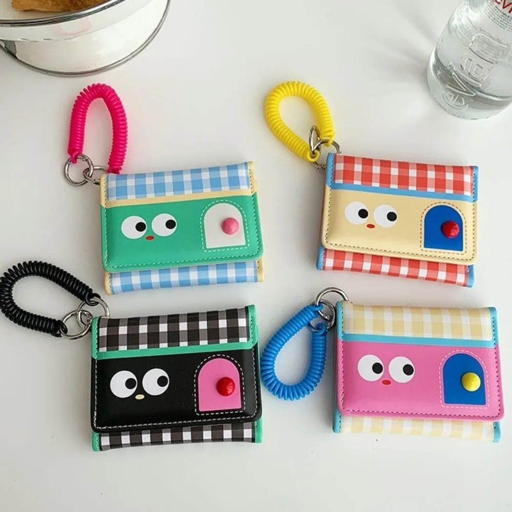 Multifunctional Dopamine Color Short Wallet Ultrathin Tri-fold Leather Card Holder Compact Spring Rope Cartoon Coin Purse Daily