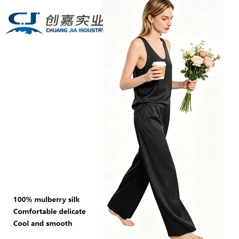 100% Mulberry Silk Women's Suit Black Vest and Trousers 2 Pieces Silk Casual Clothing Loose Size Soft Smooth Cool Breathable