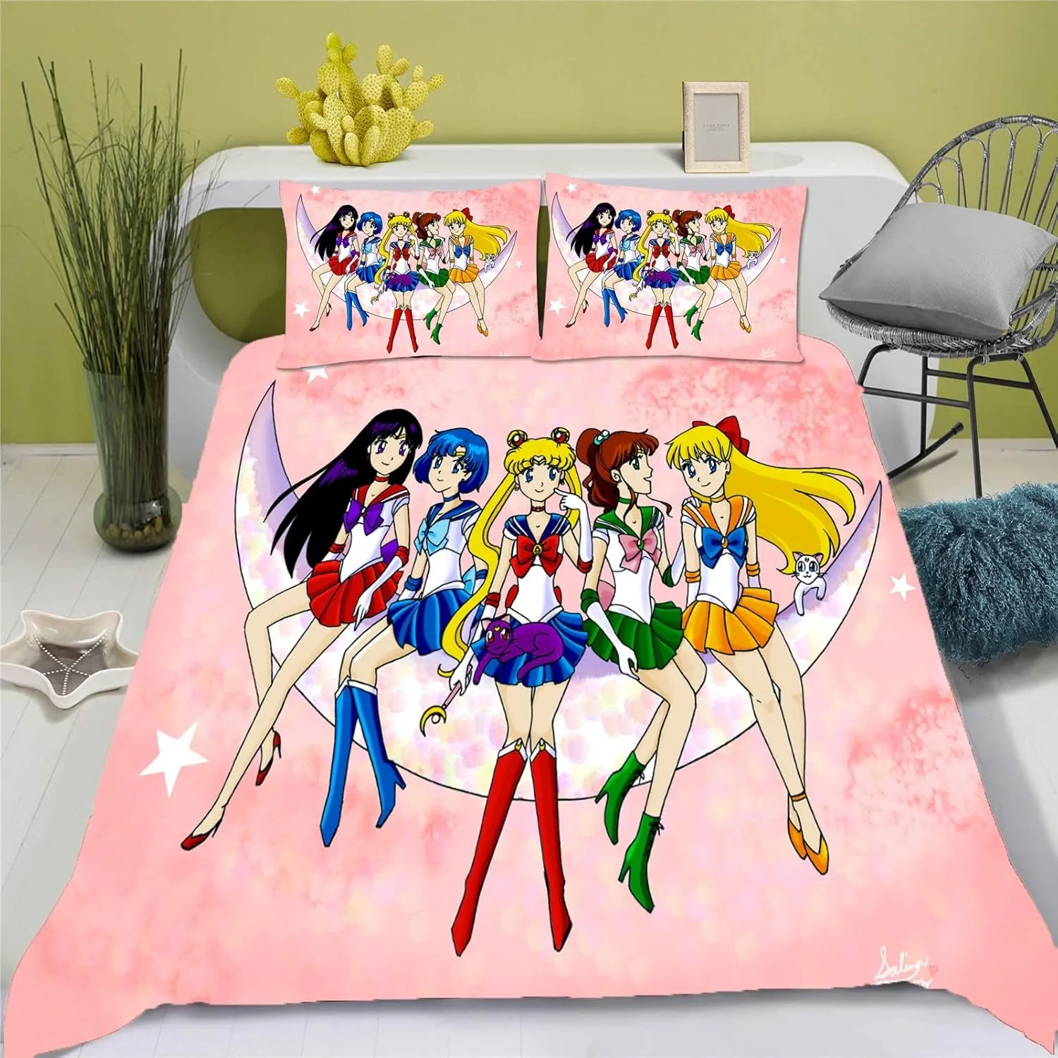 Sailor Moon Bedding Set,Girl Duvet Cover Bed Set, Princess Quilt Cover Pillowcase Comforter king Size Girls Adult Bedding Sets