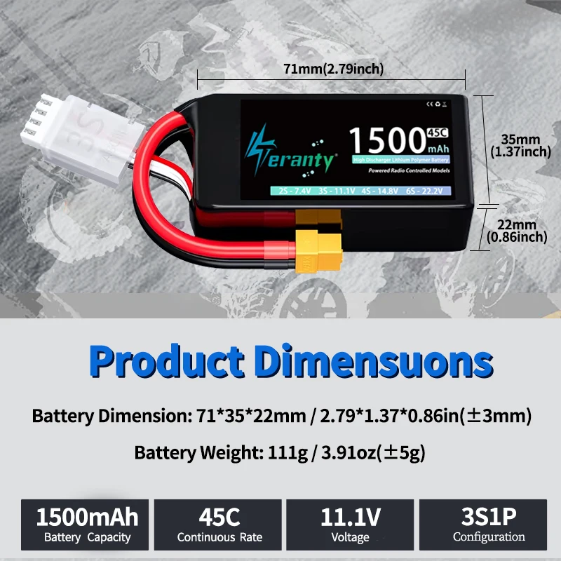 Batteria Lipo TERANTY 2S 3S 4S 1500mAh 7.4V 11.1V 14.8V 45C con Connettori T/XT30/XT60 per Auto RC, Camion, Buggy, Drone FPV, Elicottero, Aeroplano