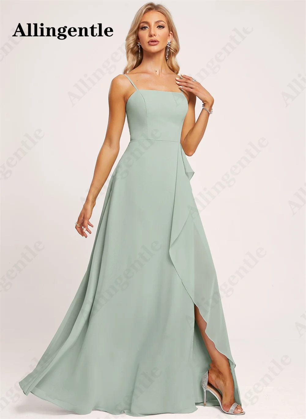 Allingentle Simple Spaghetti Straps Bridesmaid Dresses 2024 Square Collar A-Line Evening Party Gown With Side Slit Floor Length