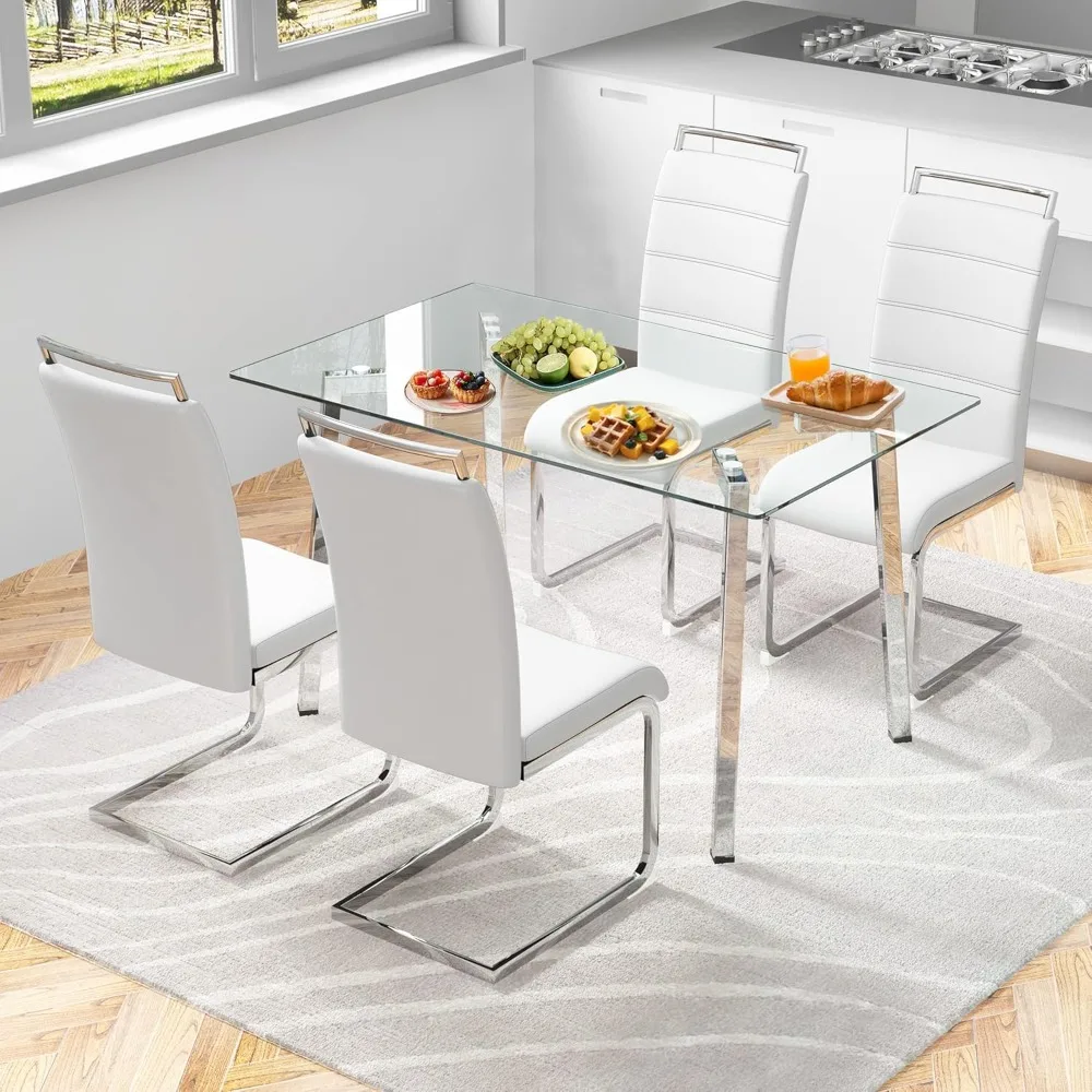 51 Inch 4-person Small Glass Dining Table Set with 4 Chrome Plated Metal Legs and 4 PU Leather Dining Chairs