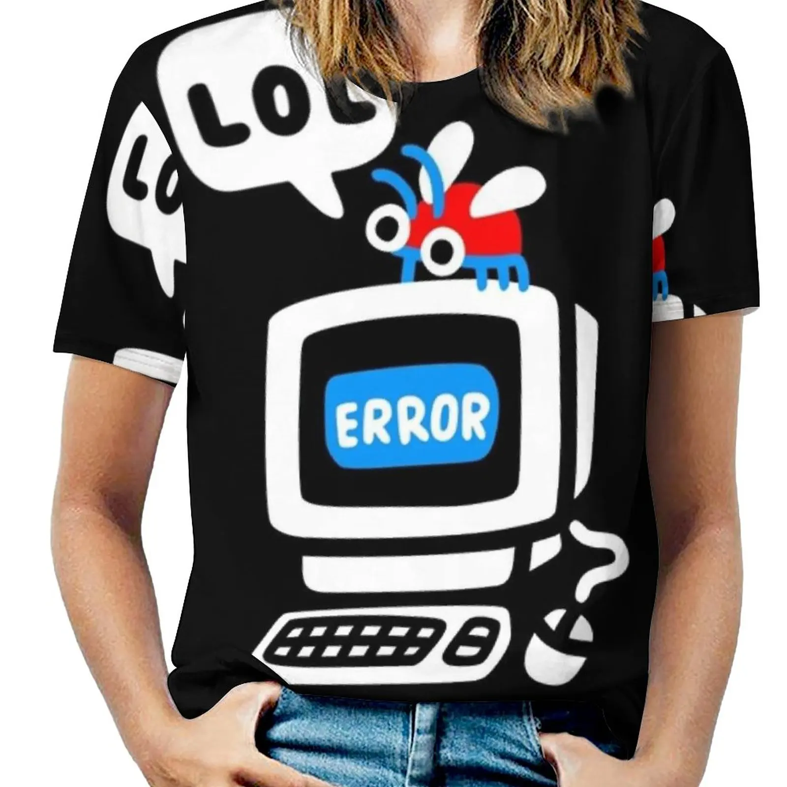 Computer Bug Women T-Shirt Crewneck Casual Short Sleeve Tops Summer Tees Computer Laptop Bug Bugs Error System Failure Lol