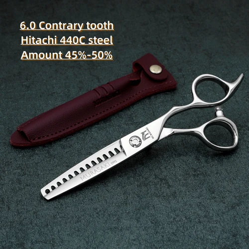 Imagen 2 del producto Tijeras de peluquero profesionales MURASAKI, tijeras de adelgazamiento de pelo con dientes contrastantes de 6,0 pulgadas, herramientas de peluquero de acero Hitachi 440C de alta calidad
