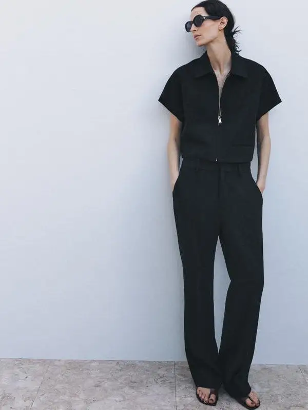 Pantalones de pierna recta de talla grande para mujer, pantalones largos con cuello vuelto, cierre de cremallera de Color Four Seasons