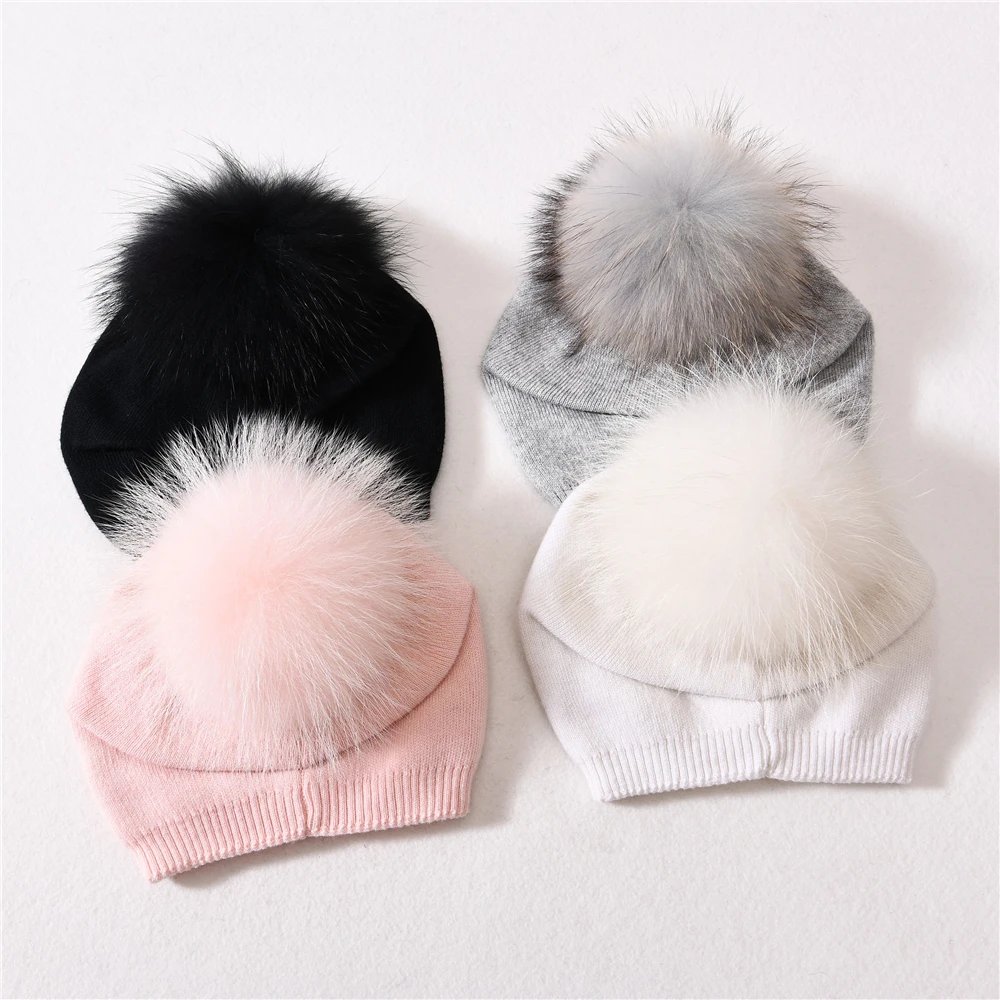 Jxwatcher Winter Warm Baby Beanies Hat Real Fur Pom Pom Children Hats Wool Knitted Cute Cap For Girls Boys Casual Solid Color