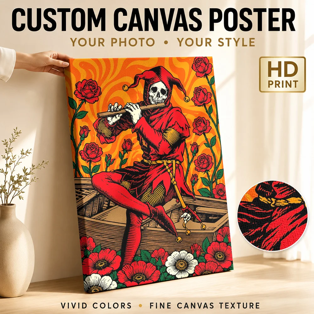 Skeleton Jester With Flute Framed Canvas Poster Personalized Photo Detailed Illustration Wall Art For Bedroom Listening Corner