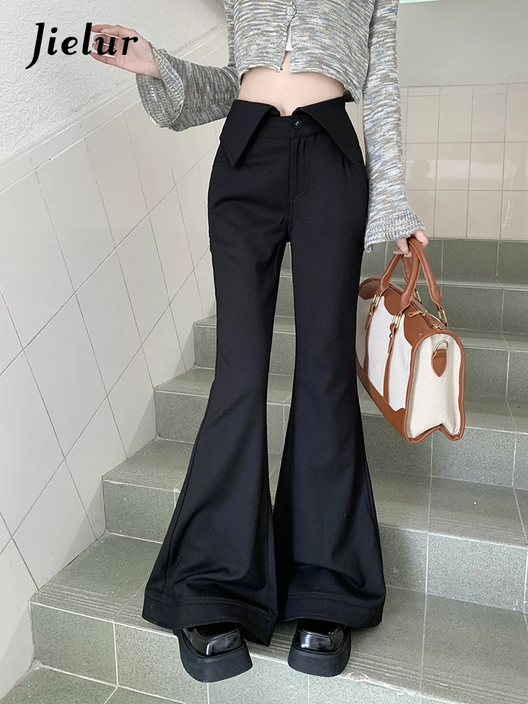 

Jielur Spring Women's Small V-shaped Solid Color Wide Leg Long Pants Korean Detachable Foldable Waist Women Horn Floor Mop Pants