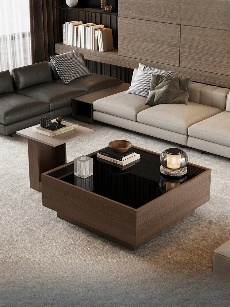 

Italian minimalist coffee table size combination light luxury high-end living room square tea table walnut tea table