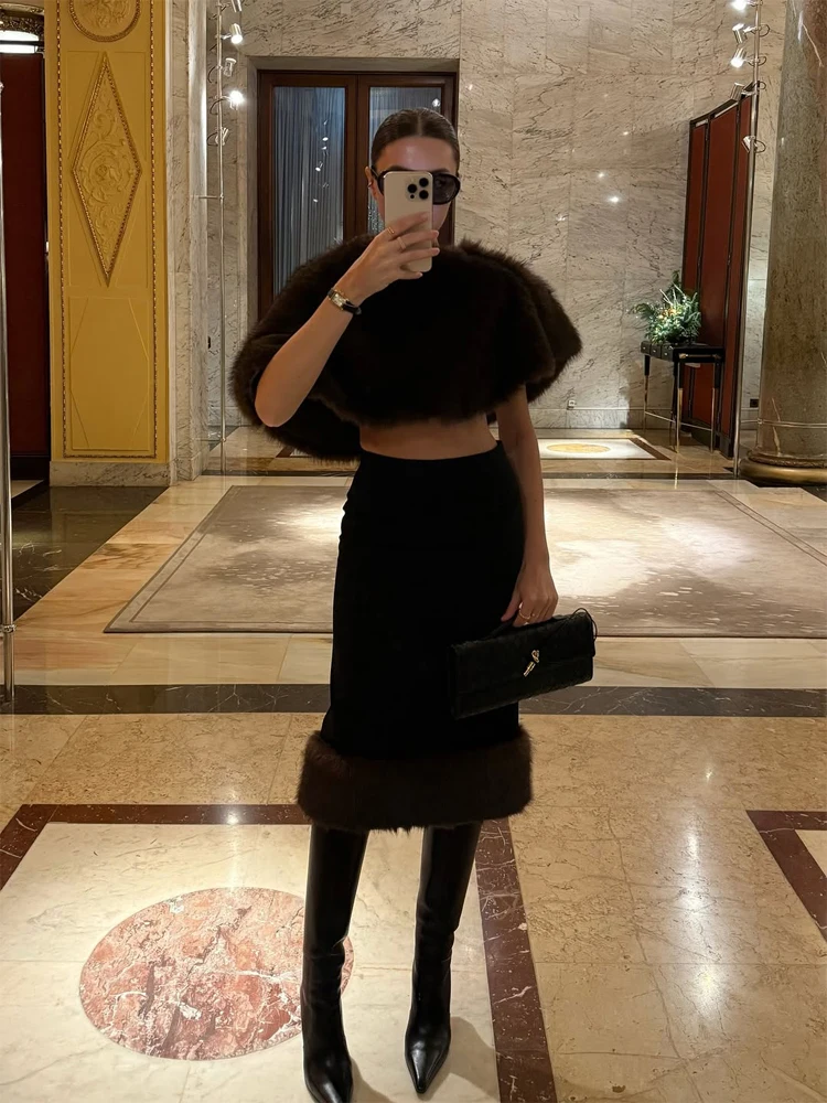 Vrouwen Luxe Nepbont Sjaal Chic Solid Patchwork Ronde Hals Brede Schouders Korte Mantel Jas Mode Dame Herfst Straat Outwears