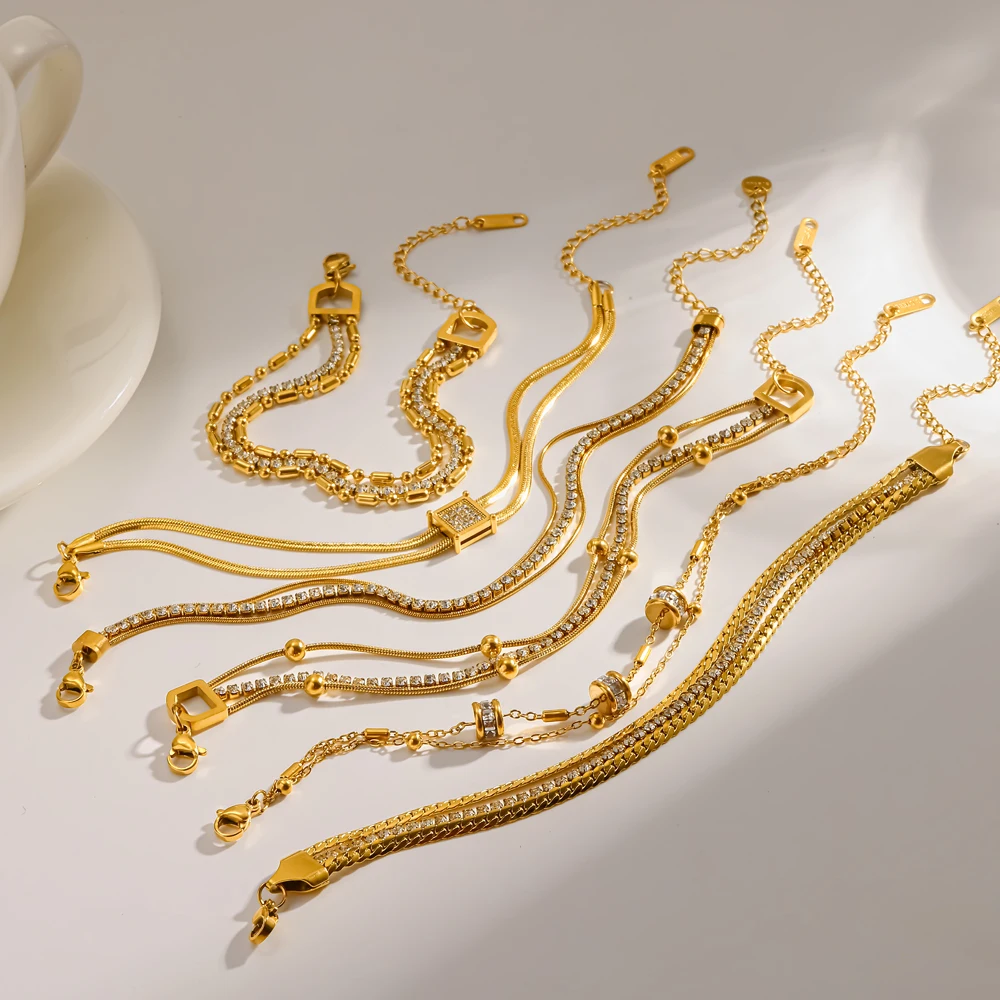 18K vergoldetes Edelstahl-Armband mit drei Schichten und glänzenden Zirkonen, wasserdichtes Schmuckzubehör für Damen – Detail 3