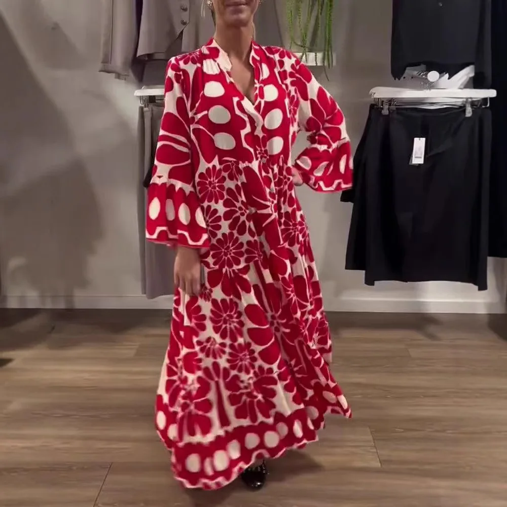 ชุดสตรีเดรสเดี่ยวแขนยาวพิมพ์หลวมBohemian 2025 ฤดูร้อนSpliced BohoสายVestidos