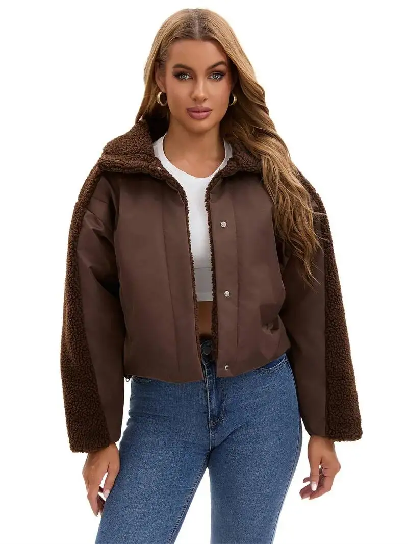 2025 Lamswollen gesplitste jas Dames Korte katoenen gewatteerde jassen Herfst Winter Losse warme bovenkleding Vrouwelijke fleecevoering Parka's