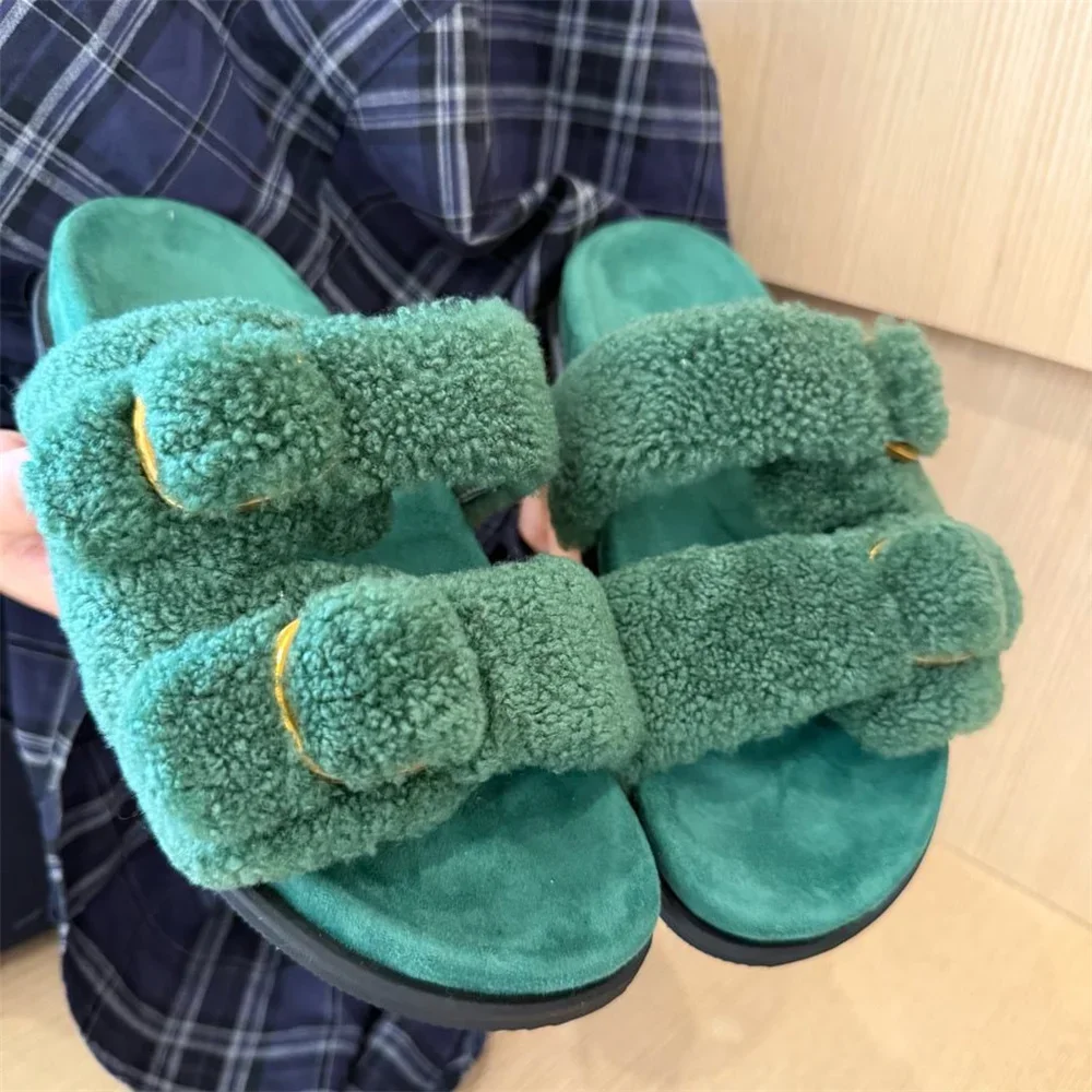 Women Wool Fur Slides Luxury Fluffy Real Fur Slippers For Woman  Non Slip Flat Flip Flops Indoor Outdoor Woman Plush Sandals view 2