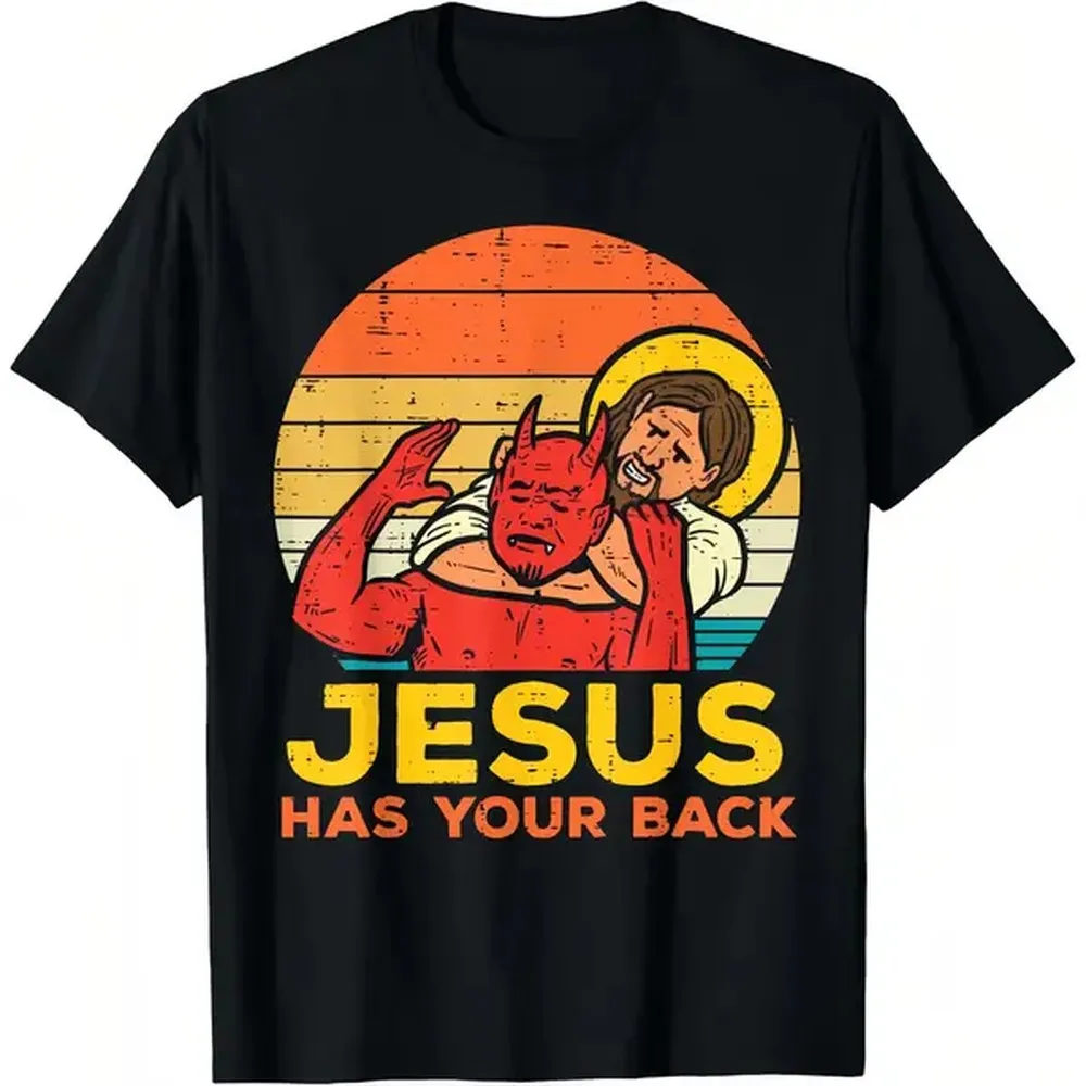 [100% Cotton] 25 Jesus Has Your Back Jiu Jitsu Retro Christian Men T-Shirt Selected Pure Cotton Interesting Design DIY Short Sleeve T-Shirt For Men, Soft And Breathable Golf Gift T-Shirt For Men And Women