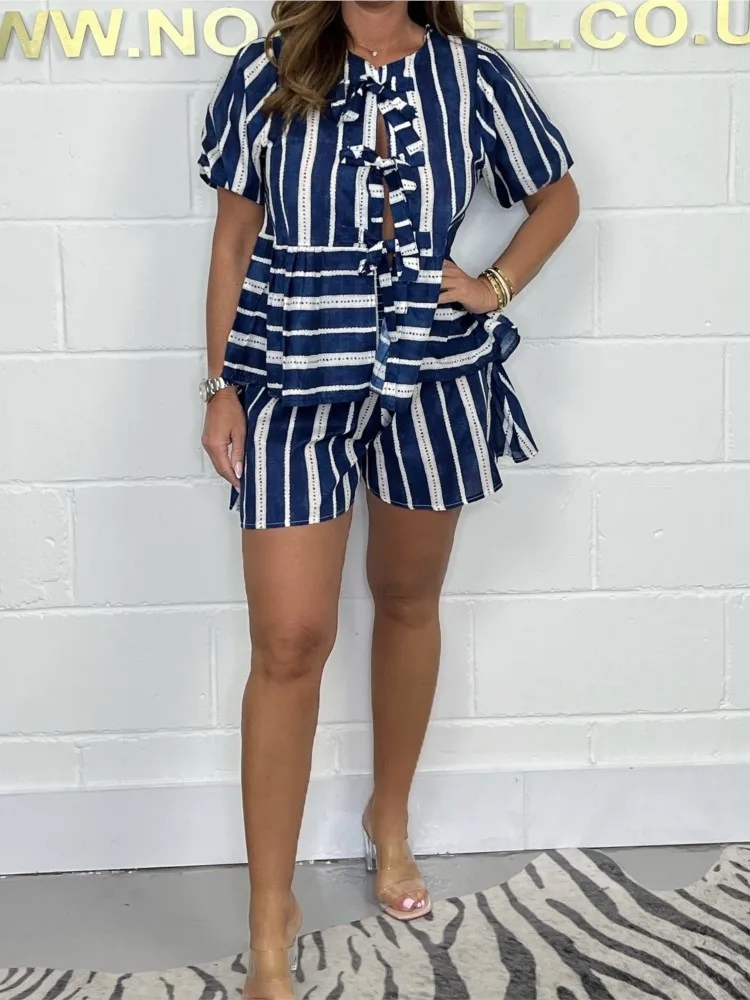 Fashion Trendy Stripe Short Pants Sets Women Cardigan Leace-up Short Sleeves Shirt Shorts Two Piece Set Streetwear Summer Female