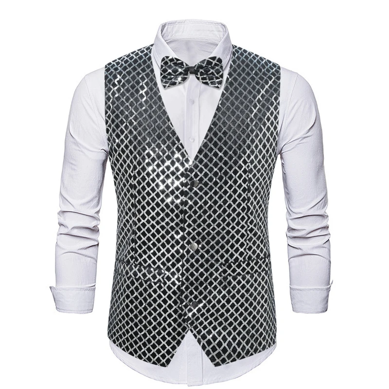 2024 New Autumn Winter Fashion Shiny Sequin Suit Vest for Men, Silver/Red/Purple  Weste Herren， Chalecos Vestir Hombre Eur Size