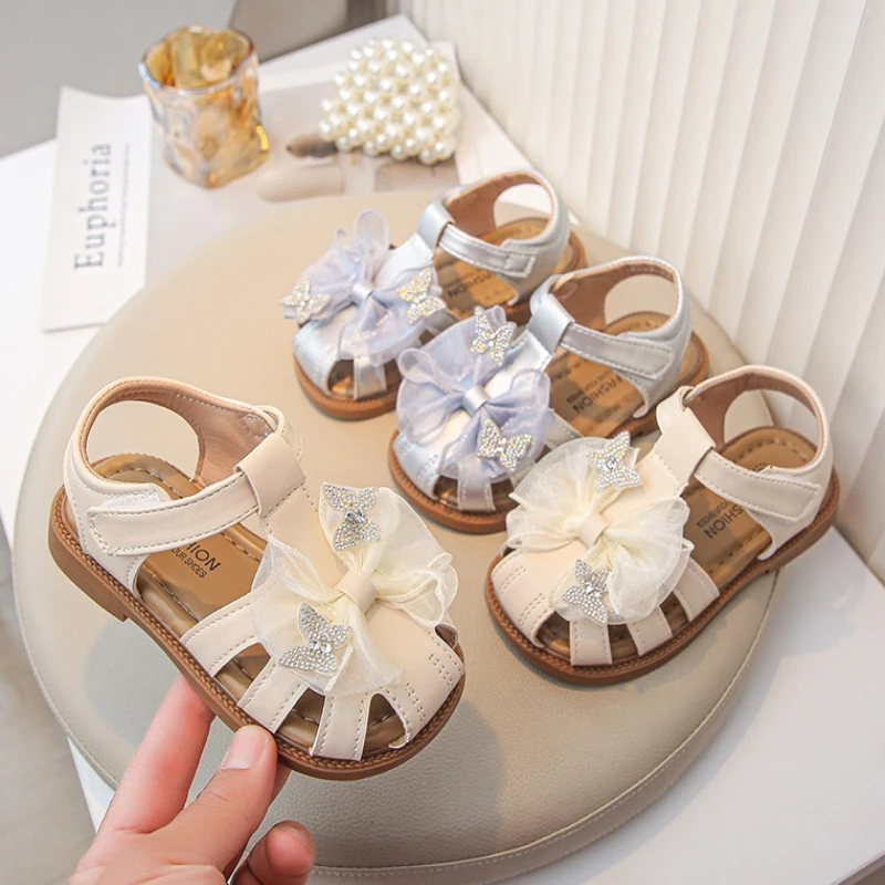 Child Princess Shoes 2025 Spring Autumn New Child Flat Flat Single Shoe Girl Sparkle Bow Shoe Girl Fashion Dancing Leather Shoes