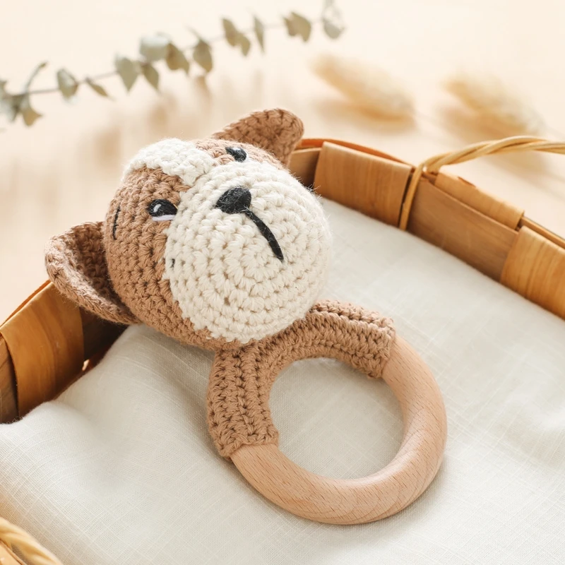 Baby Wooden Teether Music Rattle Ring Crochet Animal Music Rattles Soother Bracelet Toddler Toys Baby Accessories Teething Gift