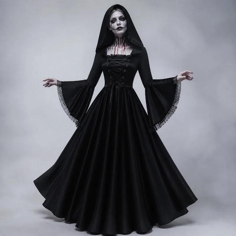 Women Gothic Hooded Long Dress Bell Sleeve Halloween Ghost Bride Witch Cosplay Costume For Fancy Party Role Play