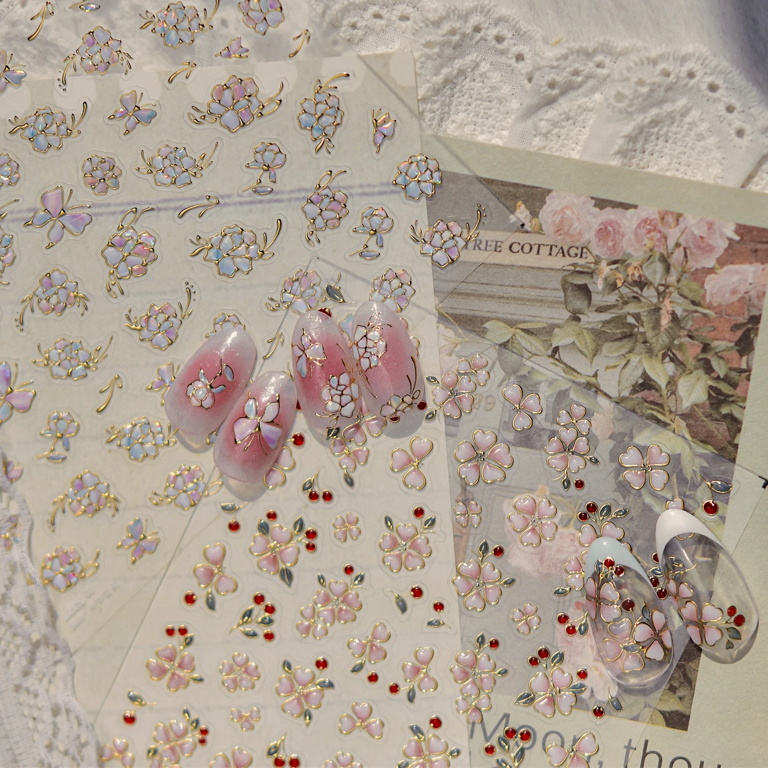 

Mother-of-pearl Inlay Golden Stroke Peony Flower Peach Blossom Butterfly Cherry Red Bean Green Leaves DIY Nail Art Sticker Decal