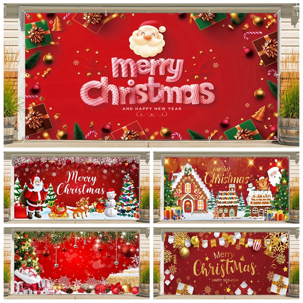 Merry Christmas Red Garage Door Cover Backdrop Xmas Tree Winter Snowman Santa Claus Outdoor Large Garage Door Background Decor