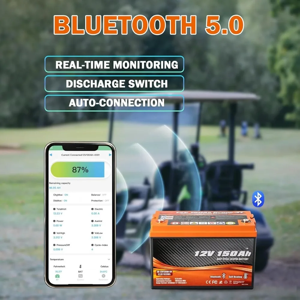 12V 150Ah LiFePO4 リチウム電池 自己加熱、グループ 31 リチウム電池、内蔵 150A BMS および Bluetooth、1920W 負荷電力