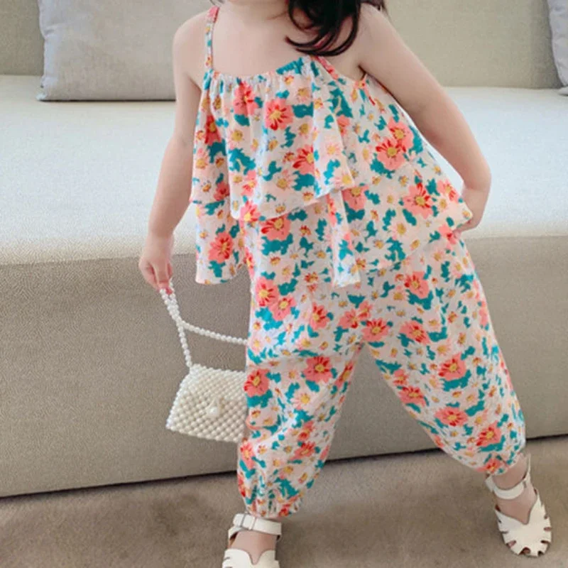 2024 Summer New baby Girls' Suits Cute Floral Vest And Anti-Mosquito Pants Children Clothing Sets Fashion Kids Outfit