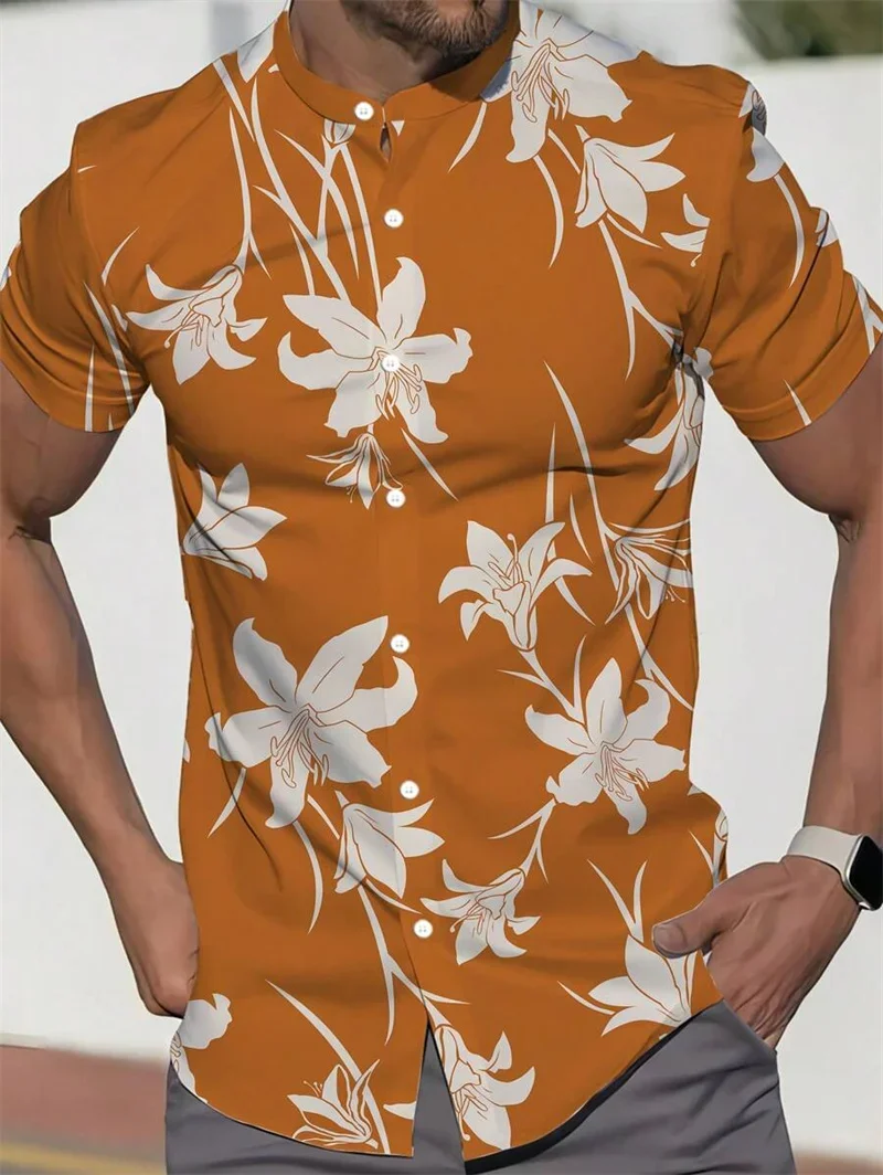 Men's Simple Casual Color-blocking 3D Printed Lapel Button Short-sleeved Shirt Slim-fit Hawaiian Vacation Casual Outdoor Top