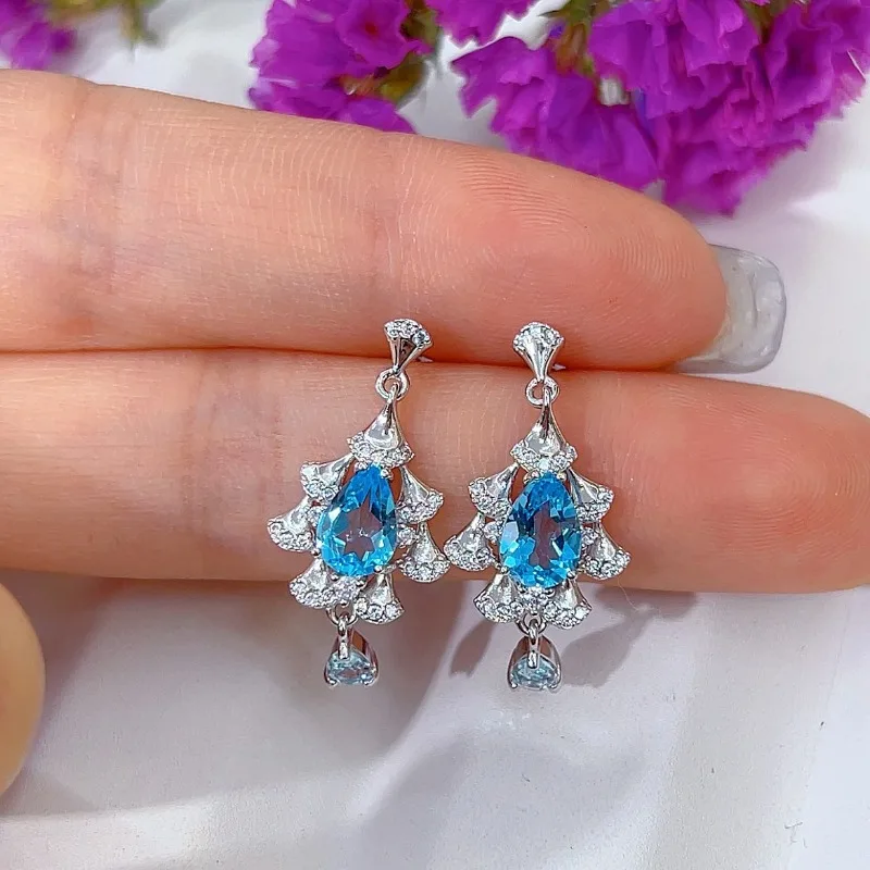 SACE GEMS Fashion Earrings for Women 925 Sterling Silver 5*7MM Natual Swiss Blue Topaz Stud Earrings Wedding Party Fine Jewelry