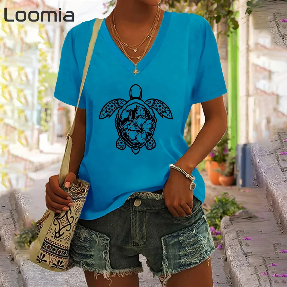 

Simple Turtle Pattern T-Shirt Woman Clothing V-Neck Woman Clothing Summer Harajuku Street Female Clothing Women's T-Shirt Tops