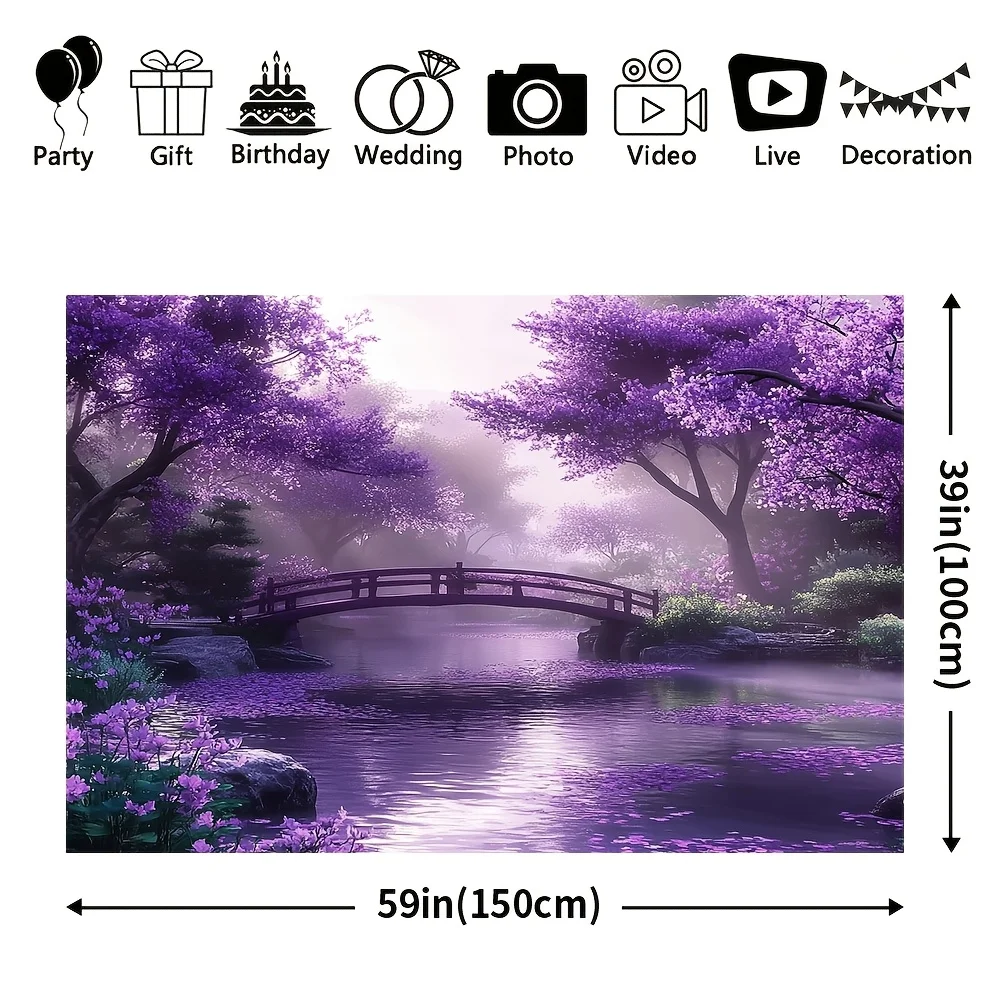 Enchanted Purple Blossom Forest with Arched Bridge Over Misty Lake Tapestry Fantasy Landscape Wall Art for Bedroom Living Room