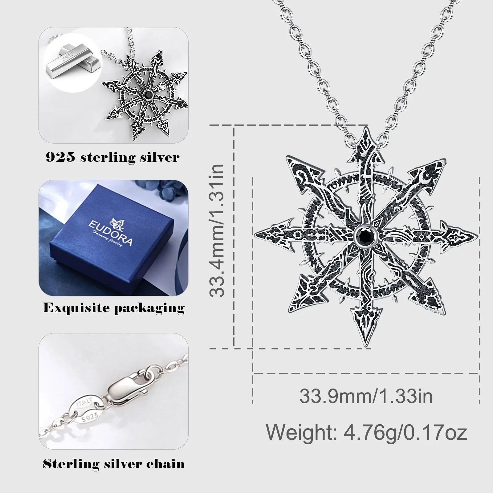 Eudora 925 Sterling Silver Chaos Star Pendant Chaos Star Magic Pendant Kabbalah Chaos Wheel amulet Necklace Punk Jewelry for Man