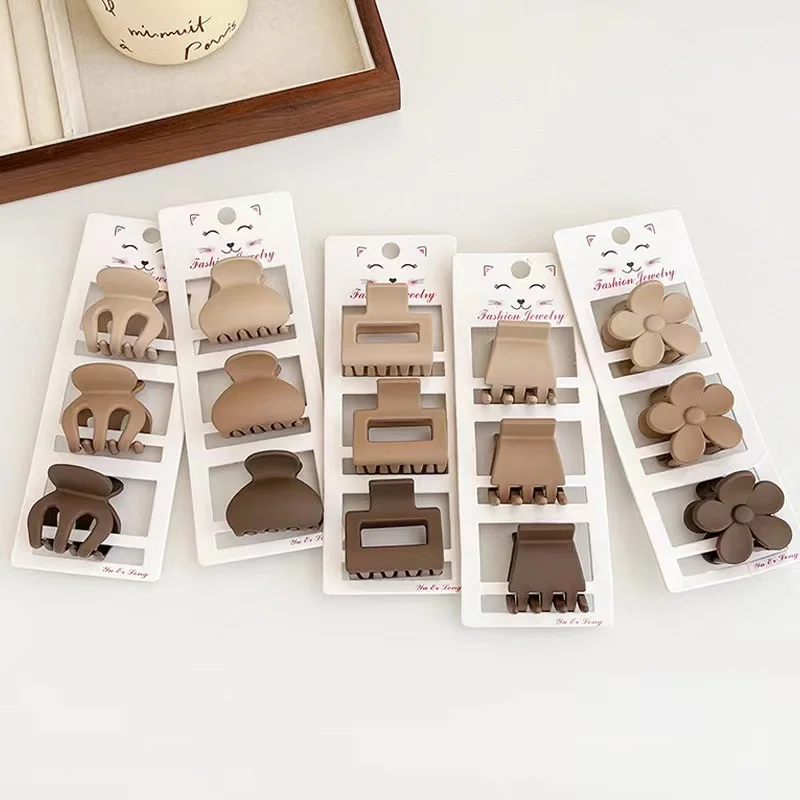 Brown Small Three-piece Hairpin Set Korean Simple Frosted Side Bangs Clip Shark Clip Shredded Hairpin Women's Hair Accessories