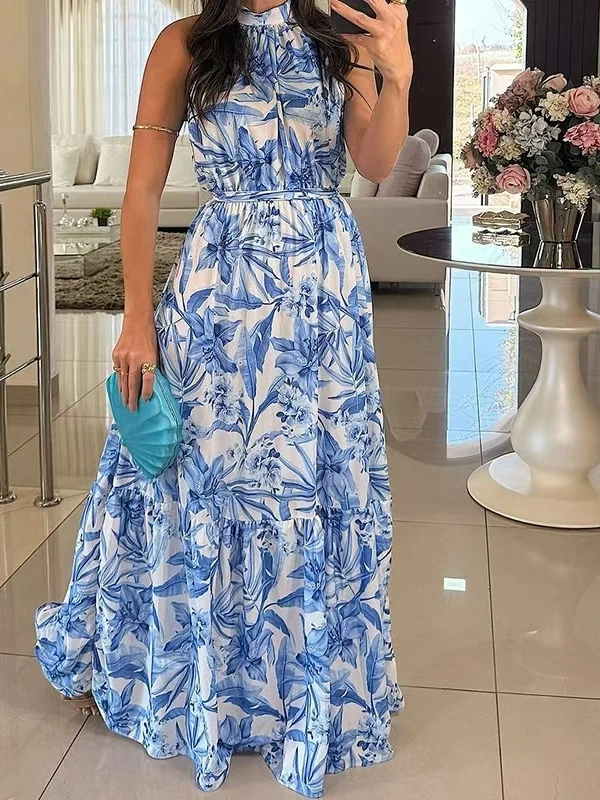 Casual High Waist Printed Svel Ne Hanging Dr Women's Loose Fit round Ne Gown Daily Wear Summer 2025 Polyester