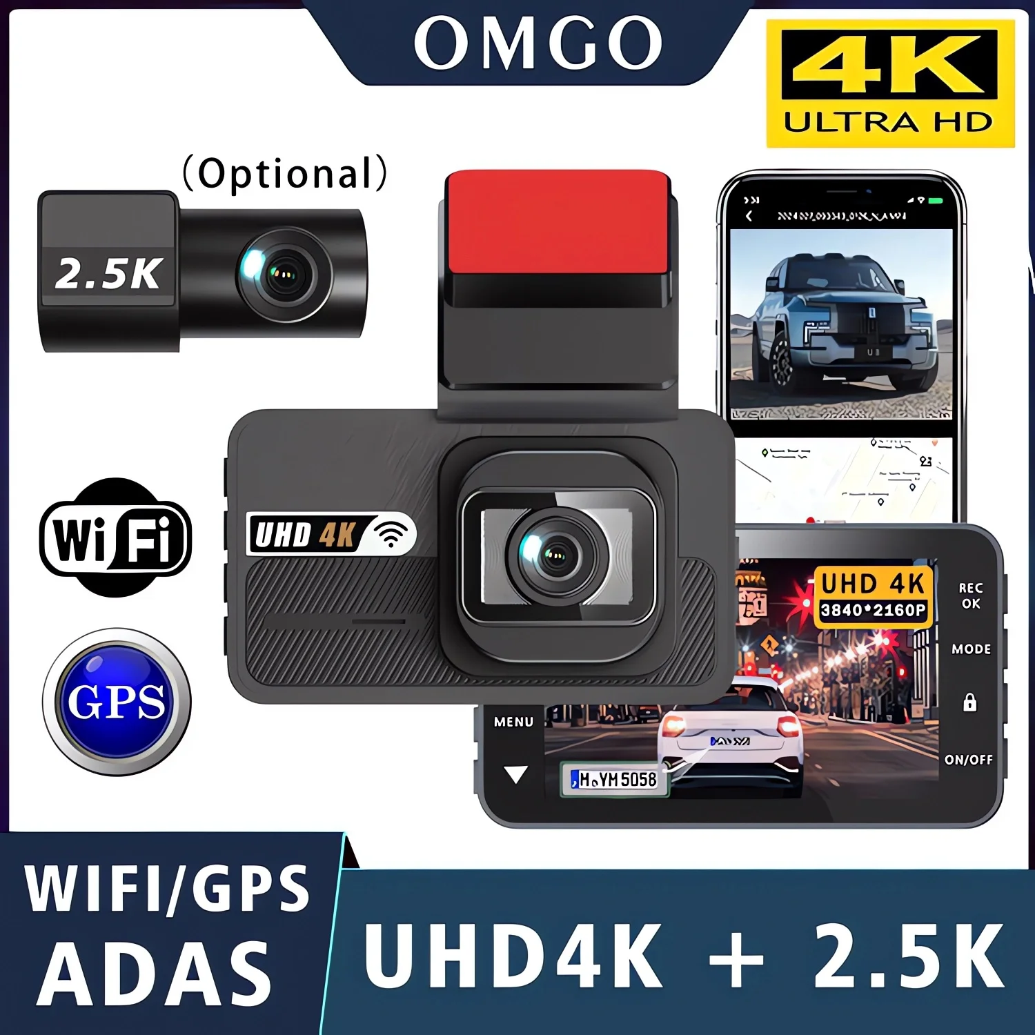 Dash Cam Dual Lens 4K+2.5K ADAS Recording Car Camera DVR Night Vision Video Recorder GPS Wi-Fi Black Box 2.5K Rear View Camera