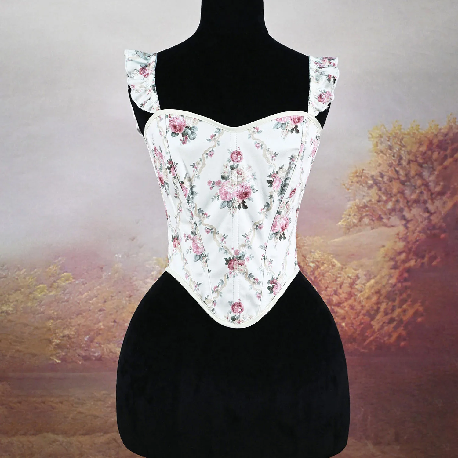 sweet-floral-oil-painting-corset-french-lace-up-waist-cinching-short-camisole-bustier-outerwear-style