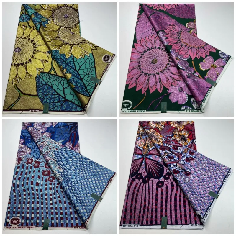 قماش مطبوع بالشمع القطني الأفريقي، قماش شمع جراند سوبر هولانداي، جليتر شمع ذهبي، 6 ياردات