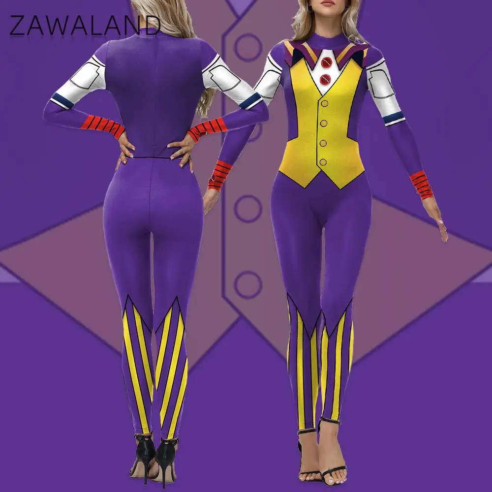

Zawaland Mt. Lady Cosplay Costume Women Purple Bodysuit Carnival Halloween Party Outfit Performance Long Sleeved Zentai Catsuit
