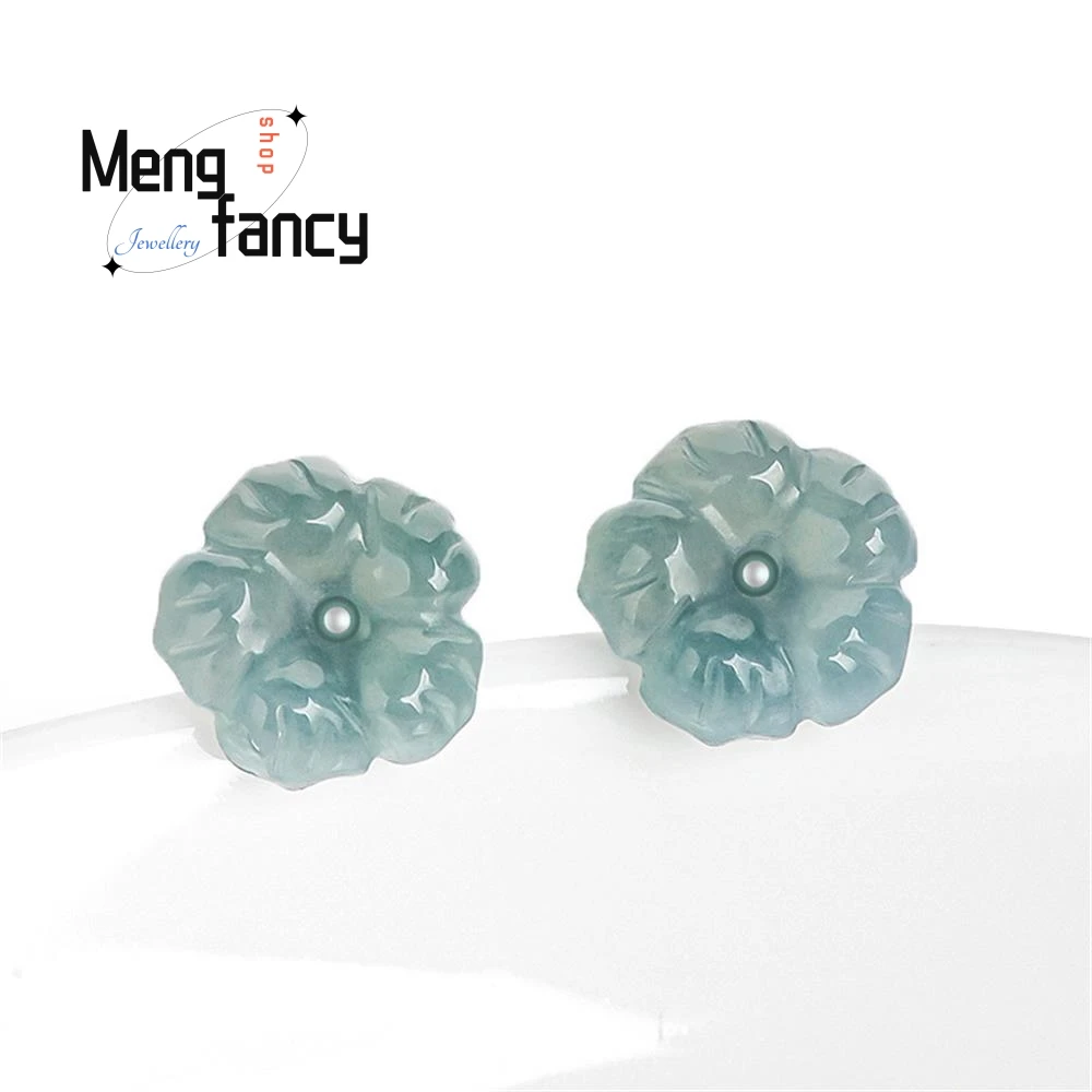 

Original Natural A-goods Jadeite Blue Water Peach Blossom Earrings Icy Jade Petals S925 Silver Inlaid Ancient Style Fine Jewelry